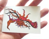Original pen and ink drawing, Art trading card,  abstract art, red orange and purple ACEO, ATC