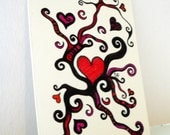 Original ACEO, pen and ink drawing, Art trading card, Abstract art, love, red hearts , ATC