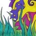 Colorful cat art print, long haired cat, abstract details and flowers "yellow cat in the grass"