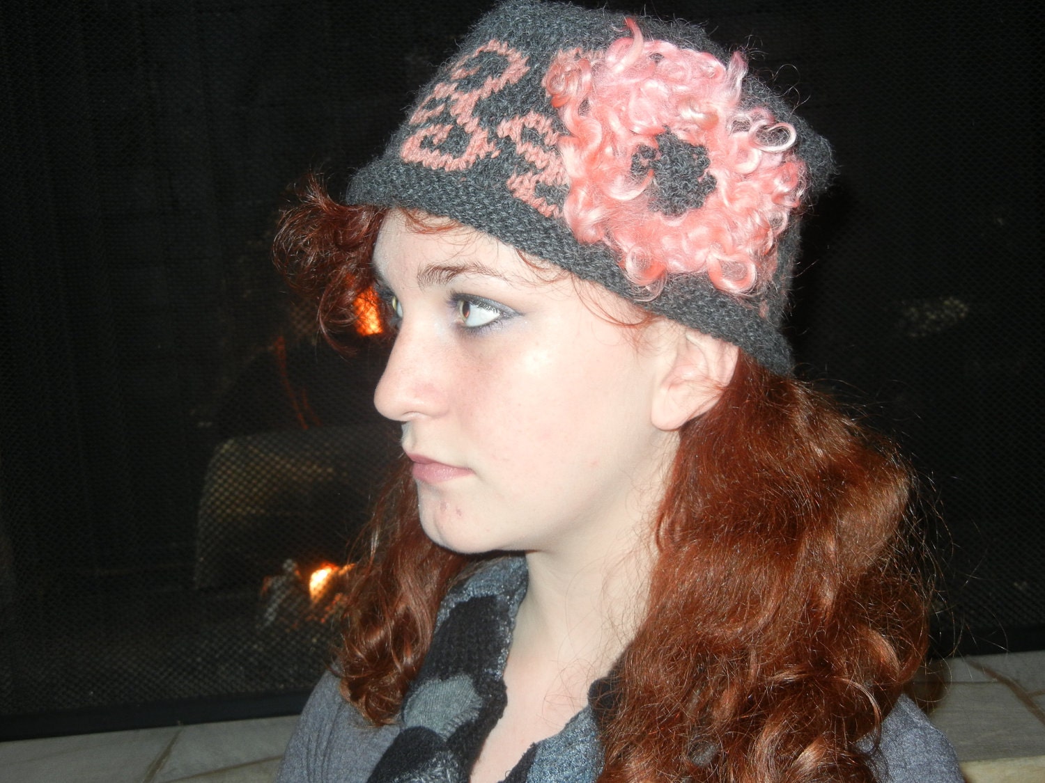 Gray and pink "Katie" style hat embellished with pink poppy