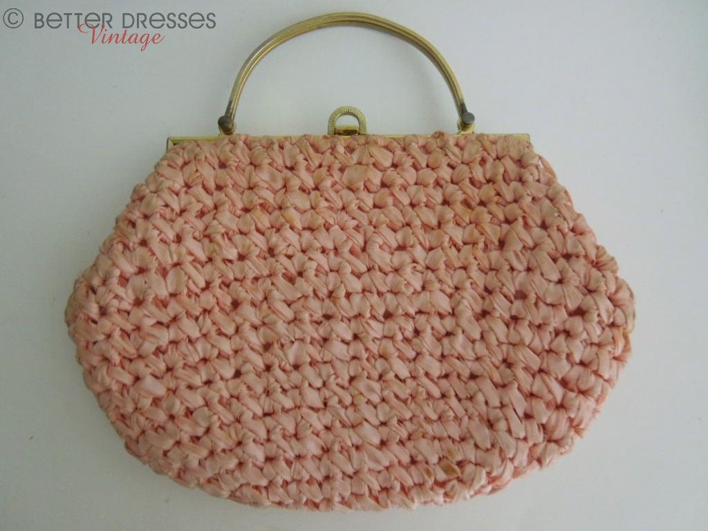 Vintage 50s Frame Purse Formal Handbag in Peach Pink Fabric by Saks Fifth Avenue