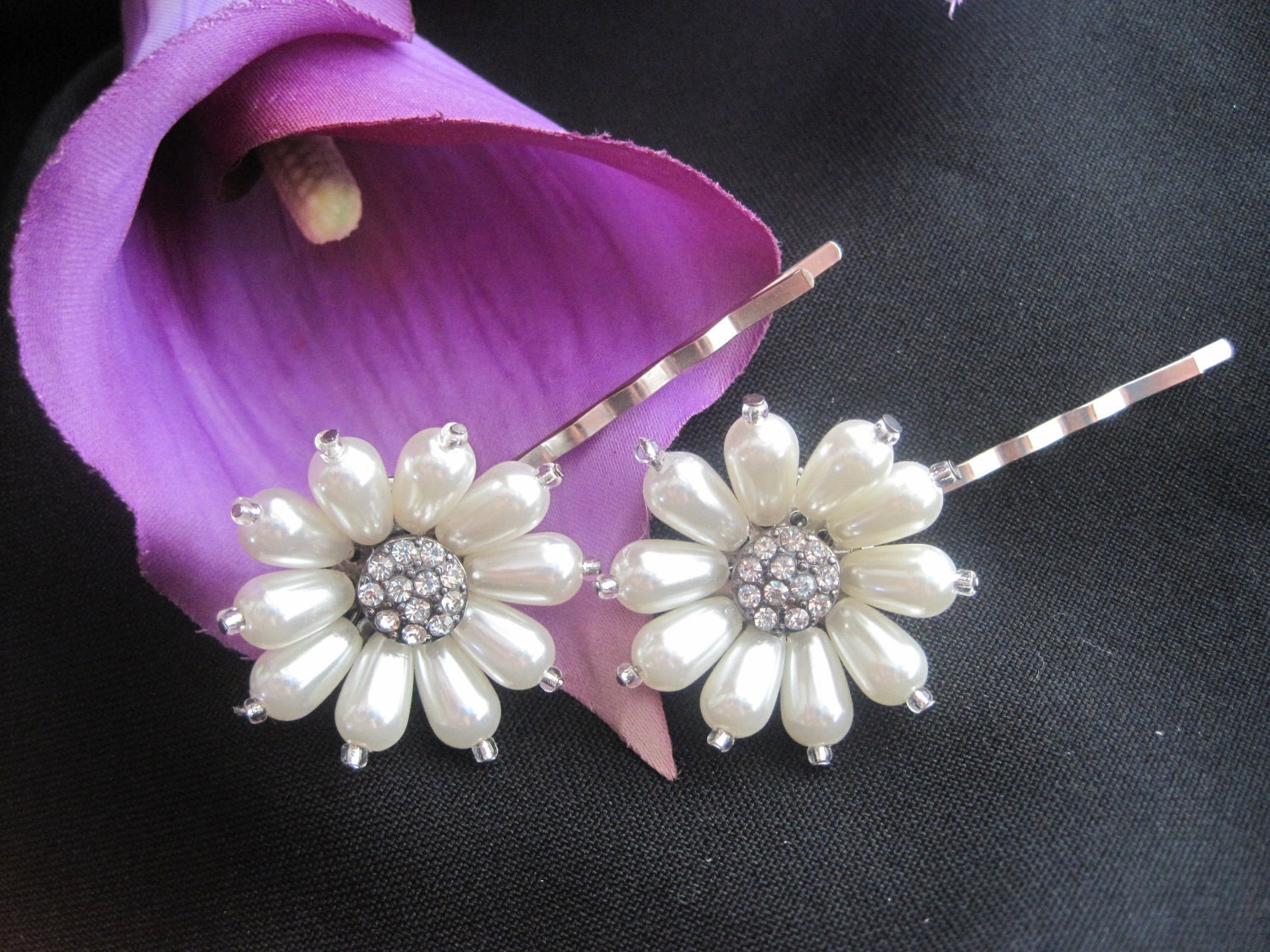 Bridal Accessory Pearl and Rhinestone Flower Hair Pins Set of Two  for Bride, Bridesmaids, Mother of the Bride, Prom
