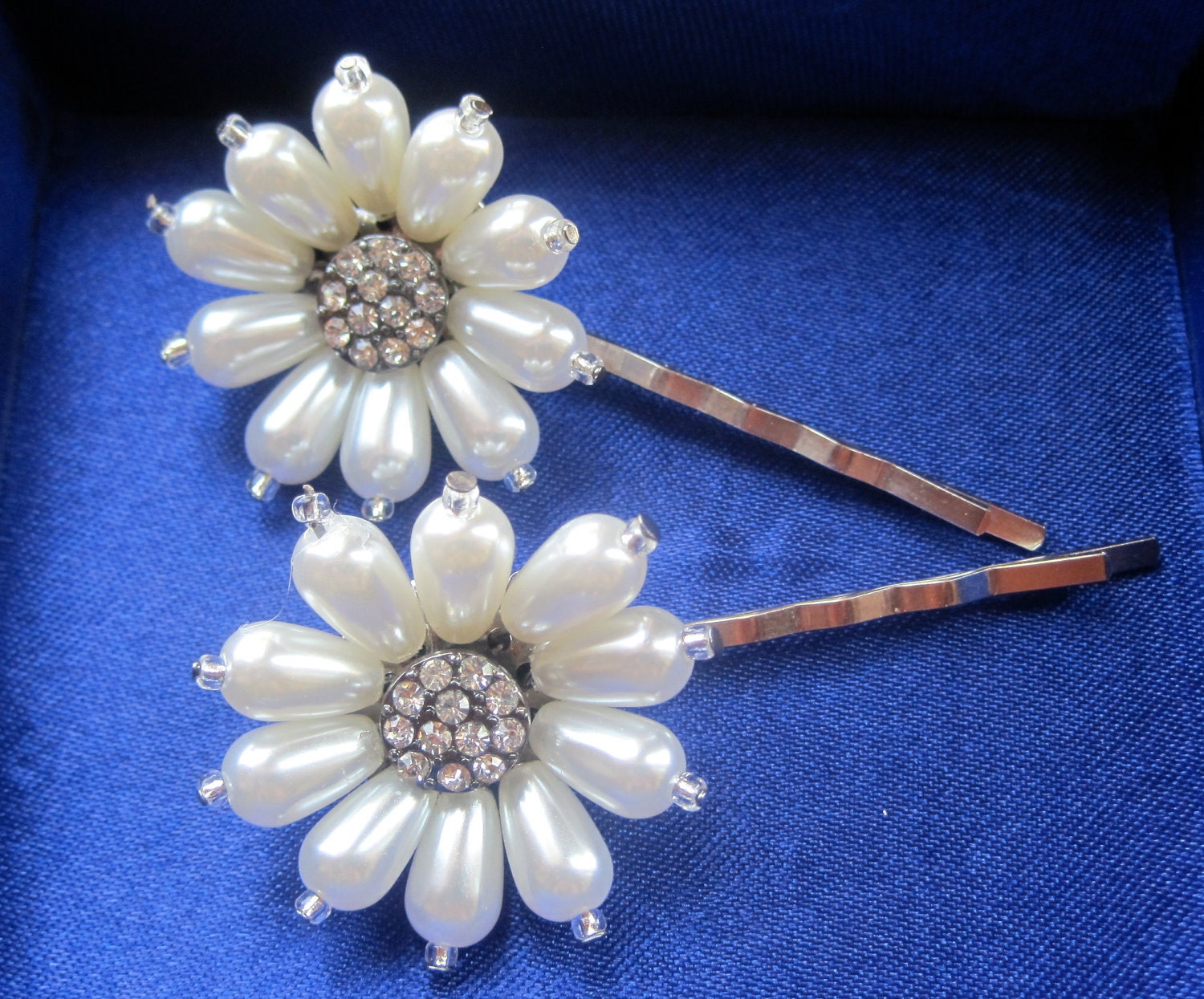 Bridal Accessory Pearl and Rhinestone Flower Hair Pins Set of Two  for Bride, Bridesmaids, Mother of the Bride, Prom