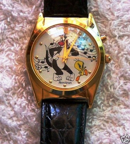 SALE Musical Disney Watch NEW Vintage Sylvester & Tweety Armitron Ladies Quartz Gold Watch w leather band 'WA Street Team'