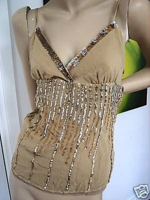 Creme n sparkle Silk Sequins Top Vintage Nude Pale mocha beige sz small 8/10 Aust/UK 'WA Street Team'