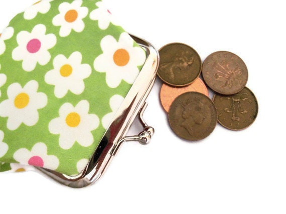 Small Change Purse - retro flowers on lime green - kiss clasp frame- Free UK postage
