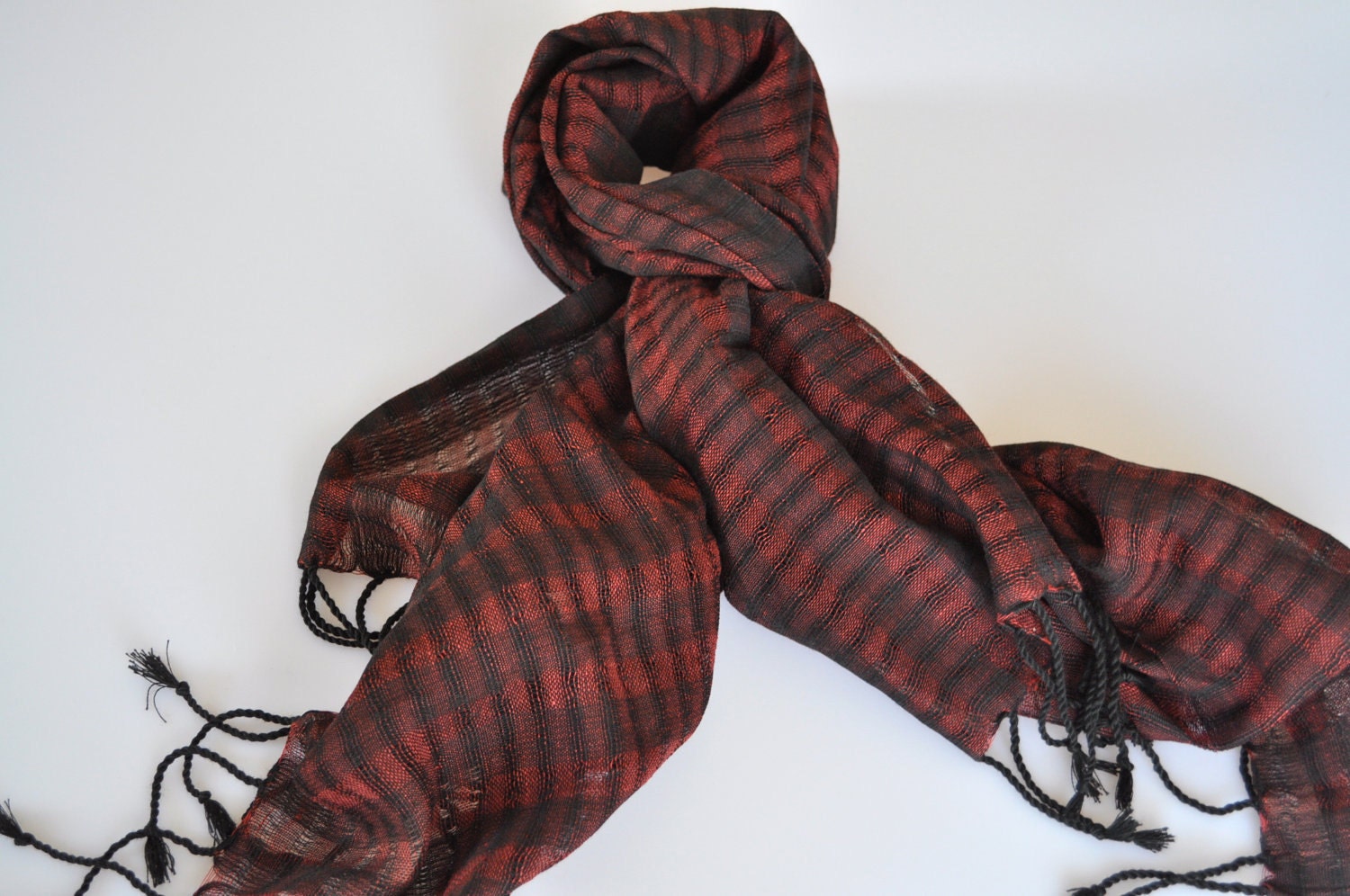 Handwoven Silk Scarf - Red - Black -