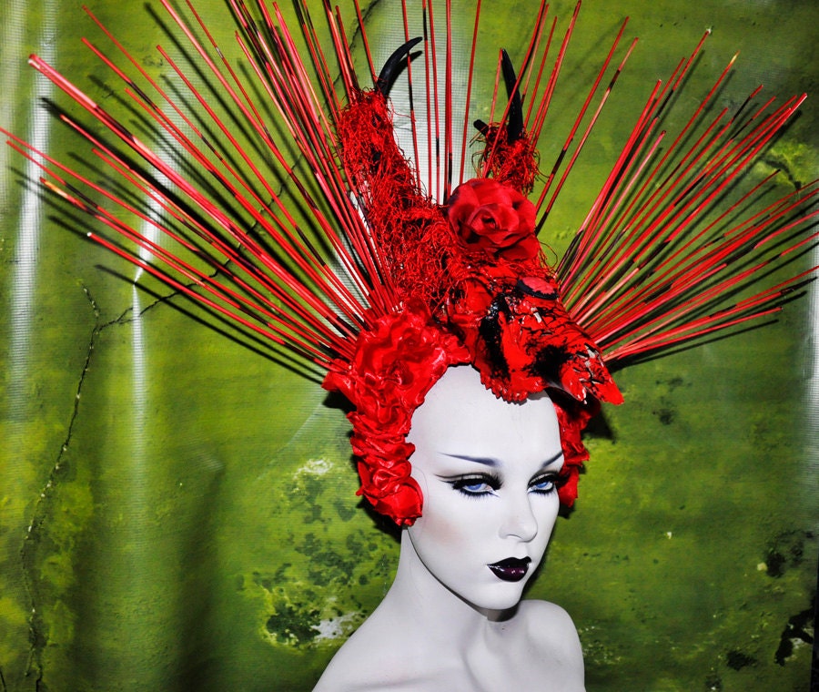 SALE Sci- Fi Cyber Futuristic gaga Red black rose stone fringe goth vampire burning man lolita wearable art Fantasy headdress headpeice wig