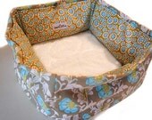 Gray Floral Pet Bed 14 Inch Square Amy Butler Slip-proof Base Faux Fur Dog Cat Couture Artistic Travel Collapsible Washable Drawstring Bag