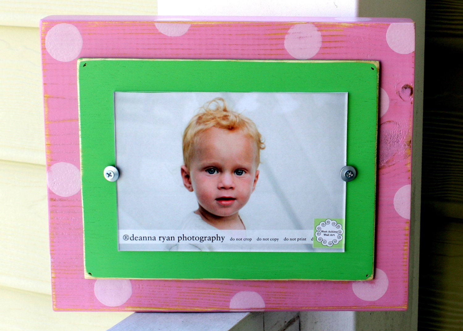 Chunky PINK & Green Polka Dot Distressed 5 x 7 Painted Wood Frame