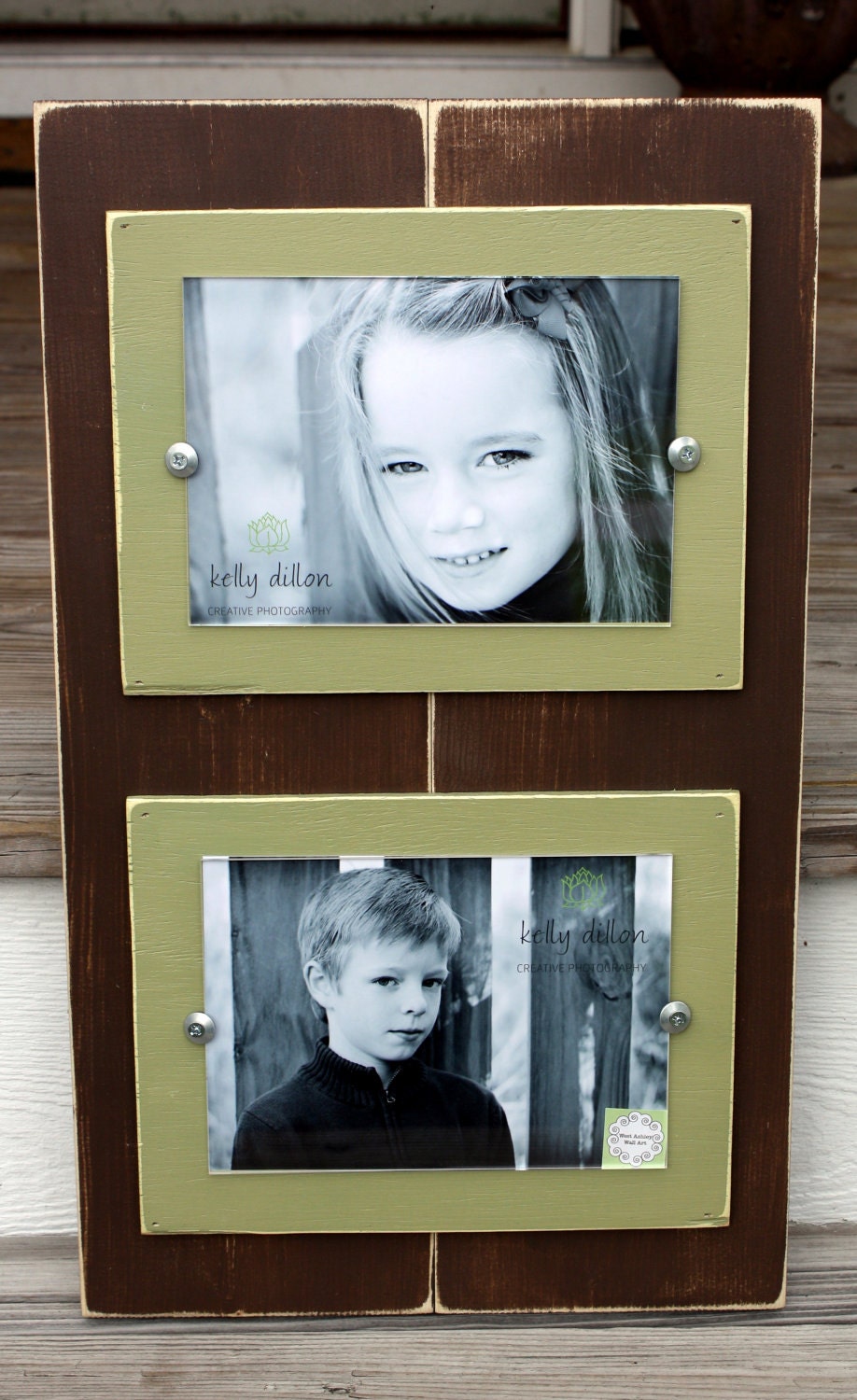 Double 5 x 7 Distressed Frame Brown with Light Olive Green Mats