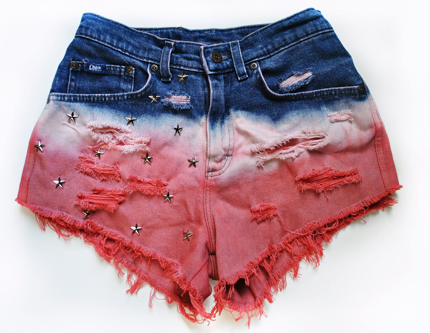 Vintage "American Dream" High Waisted Star Studded Dip-Dyed Denim Shorts
