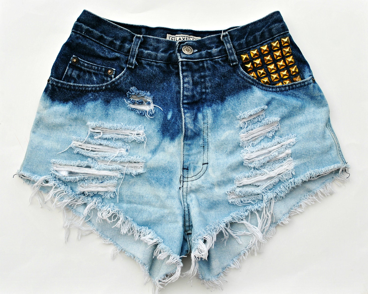 Vintage OMBRE Dip-Bleached Studded High Waisted Denim Shorts Made to Order