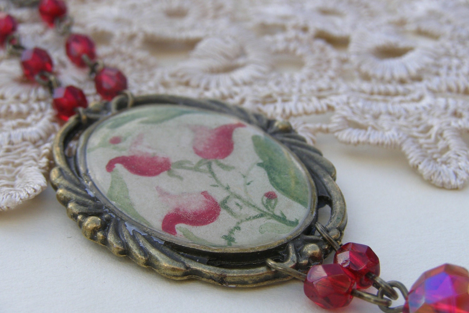 Victorian Style Necklace - red crystals and a hand drawn pendant