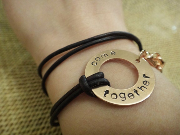 Beatles quote leather wrap bracelet with copper and dark brown cord - 'come together'