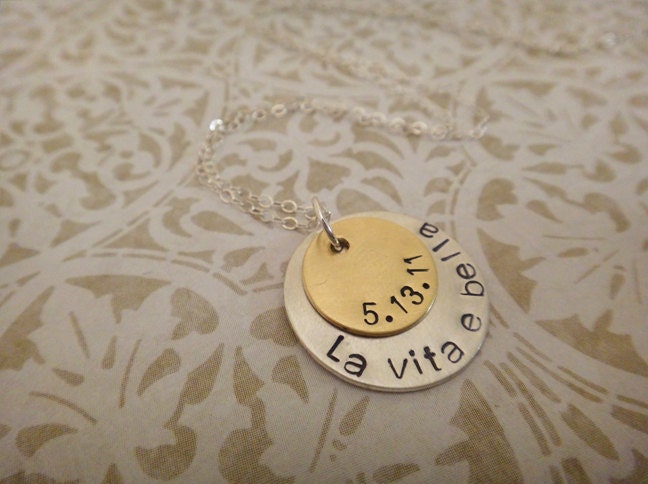 La vita e bella italian quote travel necklace - custom engraved initial charm on mixed metal jewelry, arial font