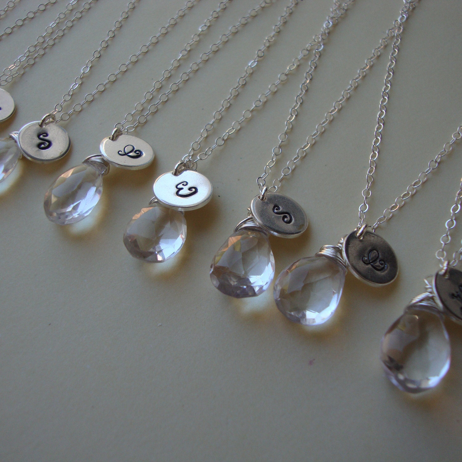 Six (6) Personalized Necklaces with Genuine Quartz briolettes, Initial of your Choice, bridal party, wedding, handmade jewelry