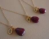 Personalized Necklace- Engraved Leaf gold filled,SET of THREE  maid of honor, wedding, bridal party, bridesmaids gifts, Ruby red, initial