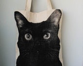 Black cat Canvas tote bag - cat tote bag Diaper bag Shopping bag Document bag Market Bag.