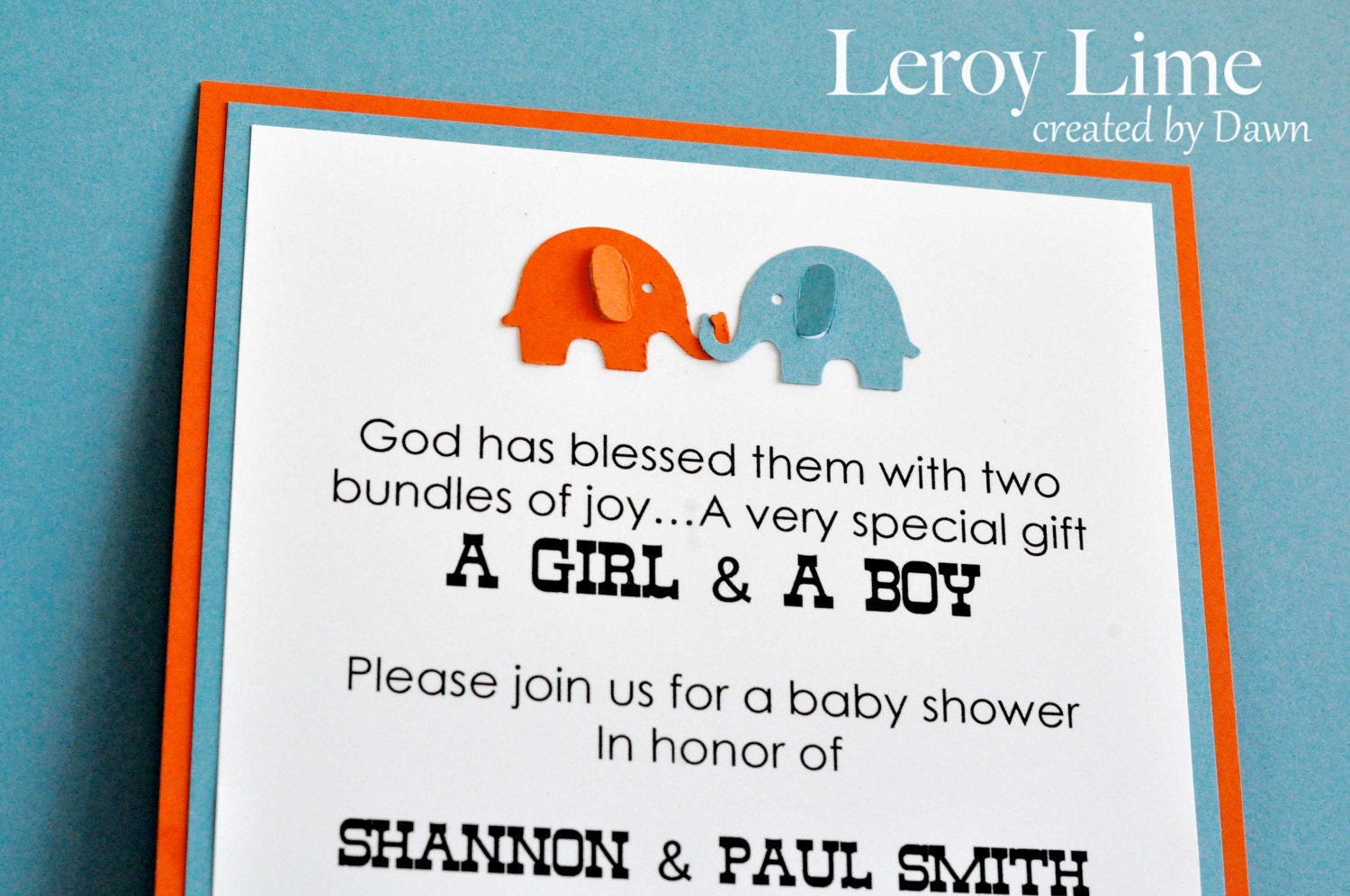 Baby Elephant 'Twin' Invitations - Twin Baby Shower, Elephant Party, Double Trouble, Announcement, Welcome Babies