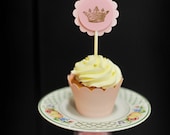 French Vintage Shabby Chic Gold Embossed Crown Cupcake Toppers -set of 24- Baby Shower, Wedding, Bridal Shower, Birthday, Princess Party