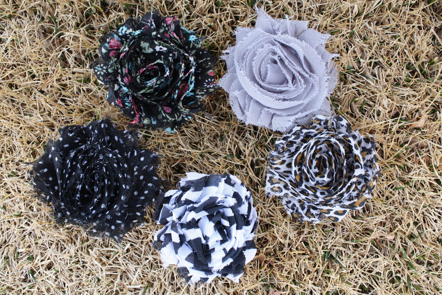 SPRING COLLECTION Set of 5 - Shabby Chic Frayed Flower Rose Hair Clips - Alligator Clips - For Baby Headbands, Teens Hair, Adult Hair