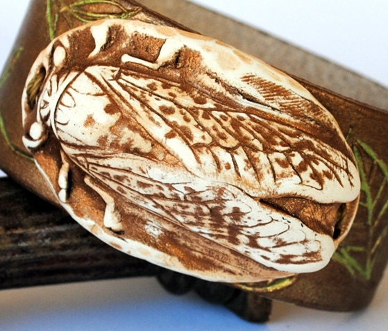 Cicada in the Sycamore bracelet, polymer clay, leather band, hand carved leather, primitive design, woodland - studiotambria