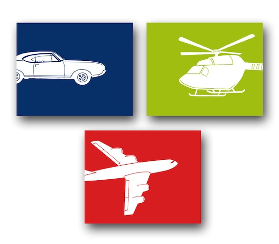 Transportation Art Childrens Nursery Art 3 8x10 Car, Helicopter and Airplane Pick Your Colors