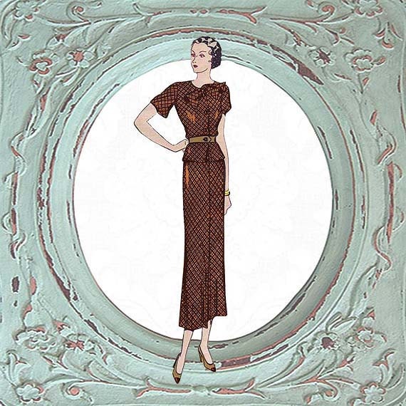 1930s Vintage Pattern 2pc Dress Top and Skirt Paris French Sz 44 L