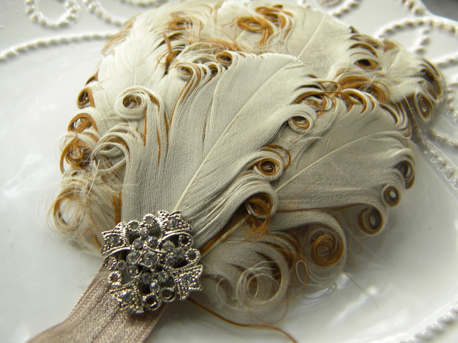 Glam Vintage Inspired Beautiful  Cream and Gold Feather Headband for Newborn, Toddlers, Girls PHOTOGRAPHY PROP