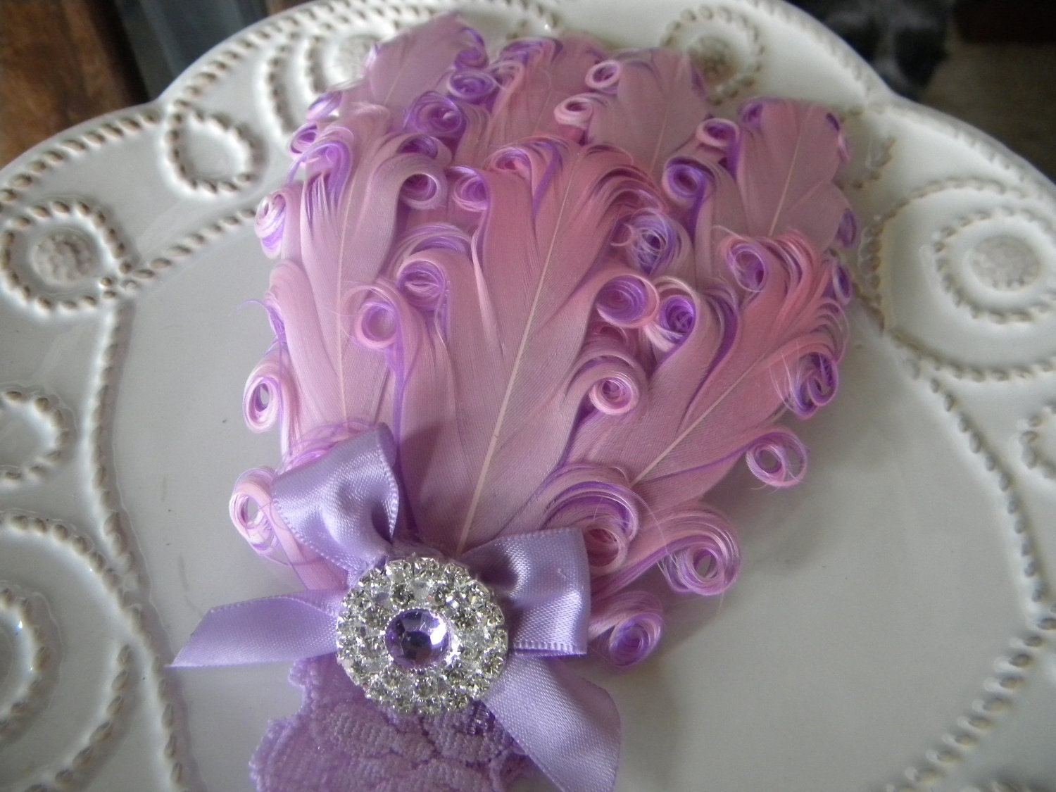 Lavender and Pink Glam Vintage inspired pink and lavender Feather  Fascinator Headband for Babies, Toddlers or Girls