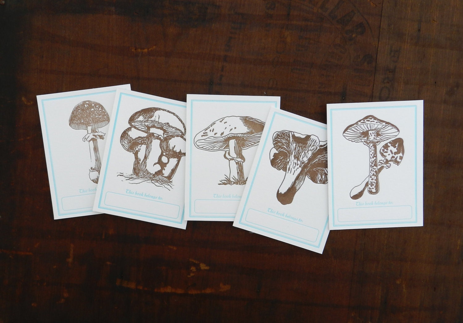 Set of 5 letterpress mushroom bookplates 3"x4"