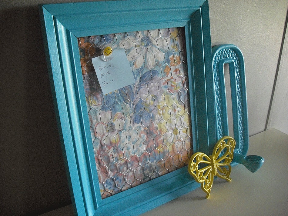 Repurposed Blue Painted Frame (Jewelry Holder or Memo Board With Chicken Wire) Vintage Sconce Candle Holder and Butterfly Grouping -Set of 3