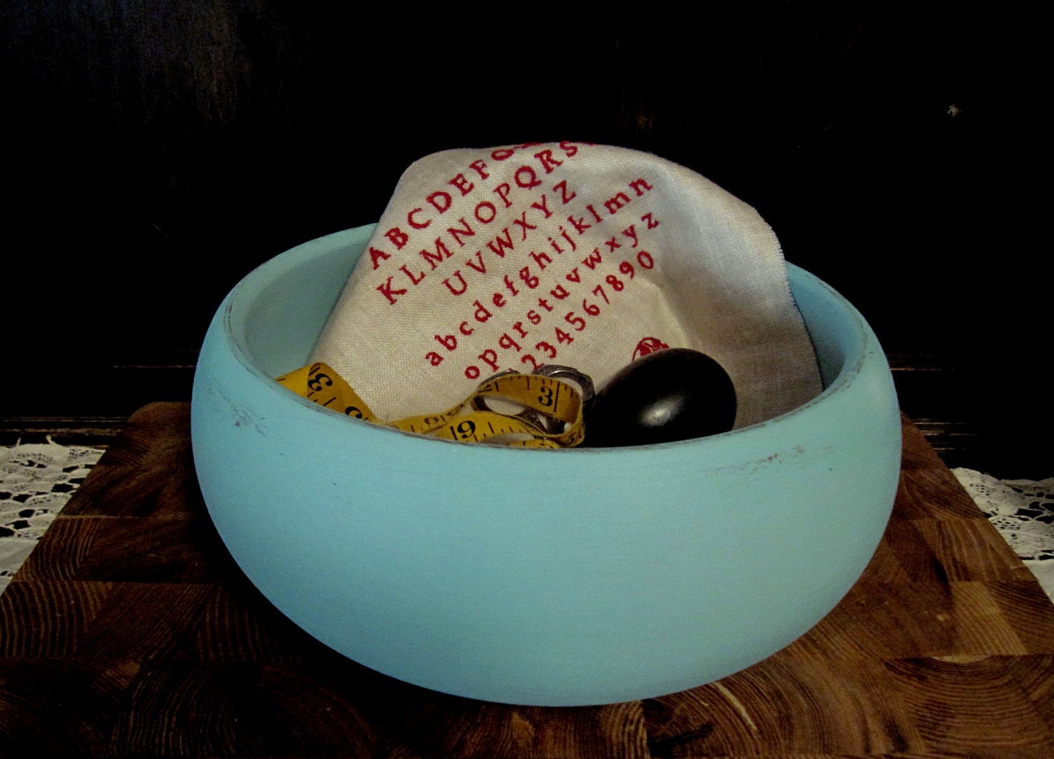 robins egg turquois blue bowl  vintage rustic  wood wooden dough fruit sewing  French Country Cottage Shabby Farmhouse chic