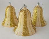 Retro Christmas Tree Ornaments, Gold Glitter Bells, Set of 3, Mid-Century 1950's 1960's