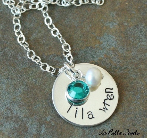 Custom Personalized Simplicity Curve Hand Stamped Name Birthstone Necklace