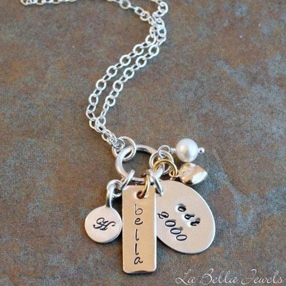 Personalized Hand Stamped Two Tone My Family Name Date Mother's Necklace