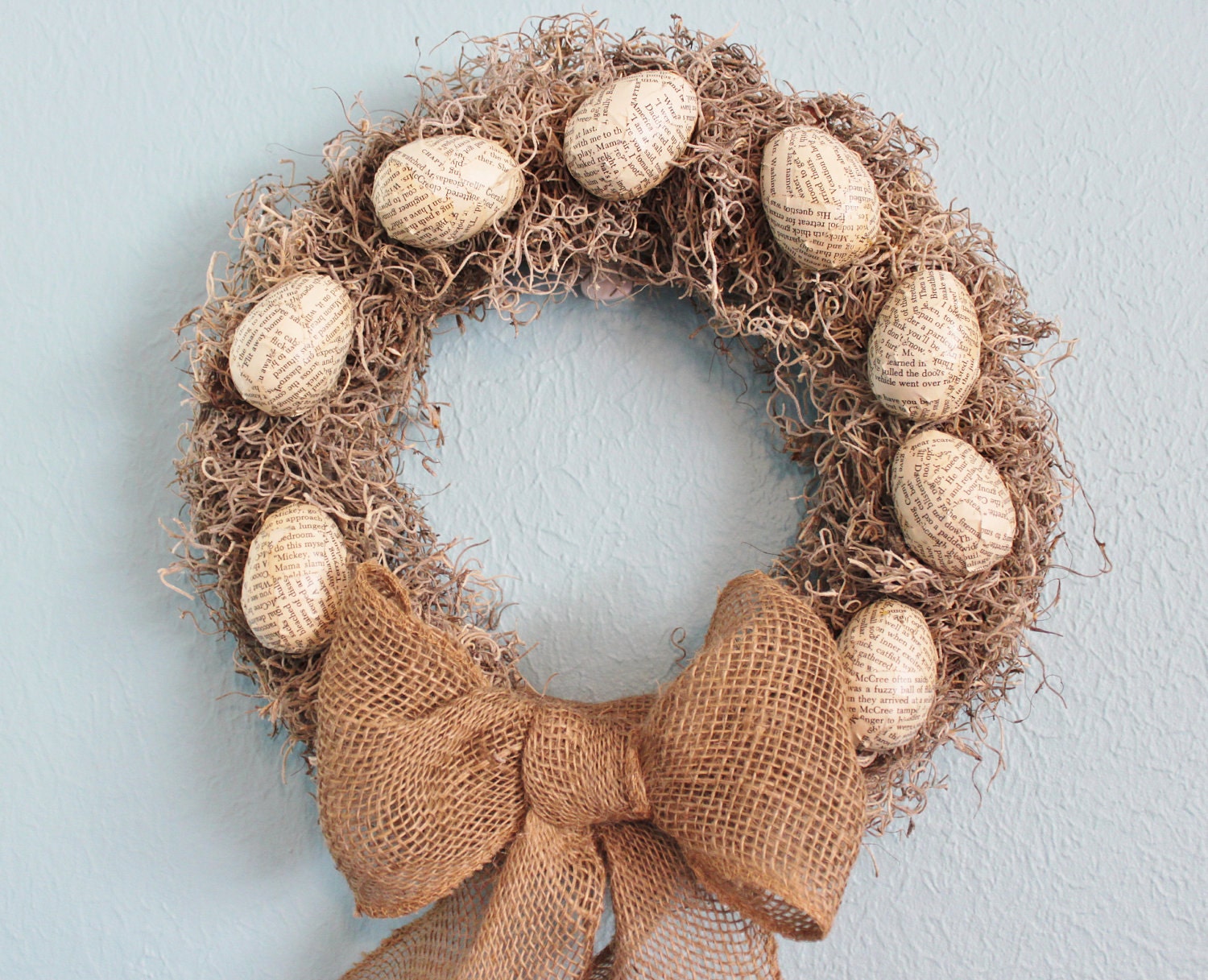Easter or Spring Wreath, bird nest inspired with decoupage book page eggs, 14 inches