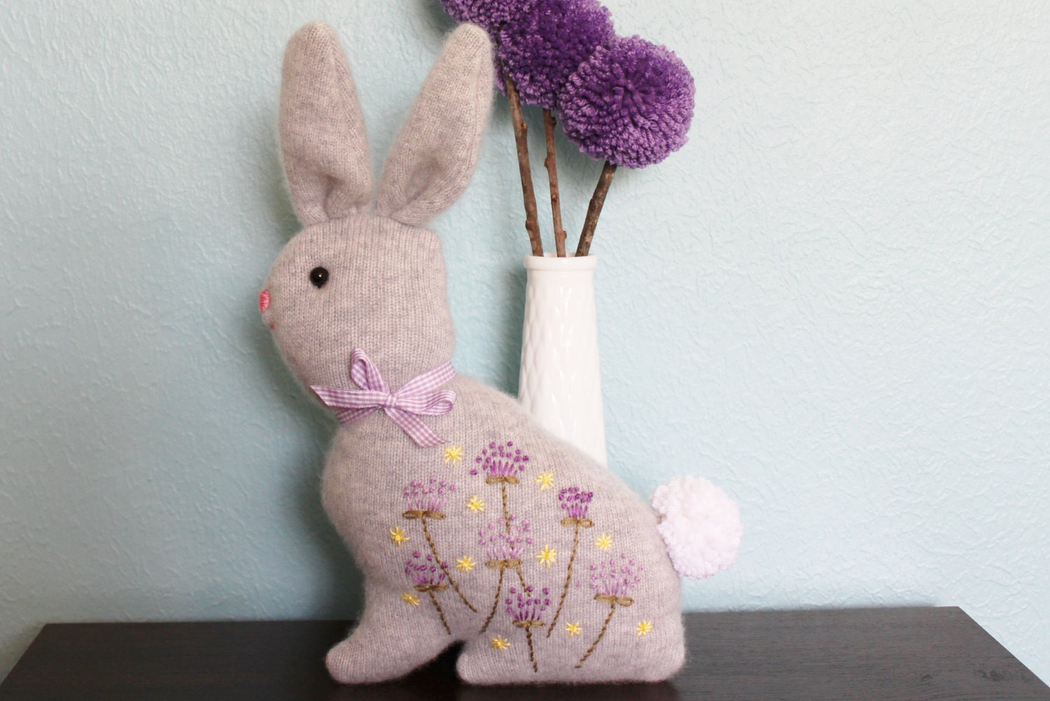 Easter Bunny, upcycled repurposed sweater bunny in grey cashmere with hand embroidery, OOAK
