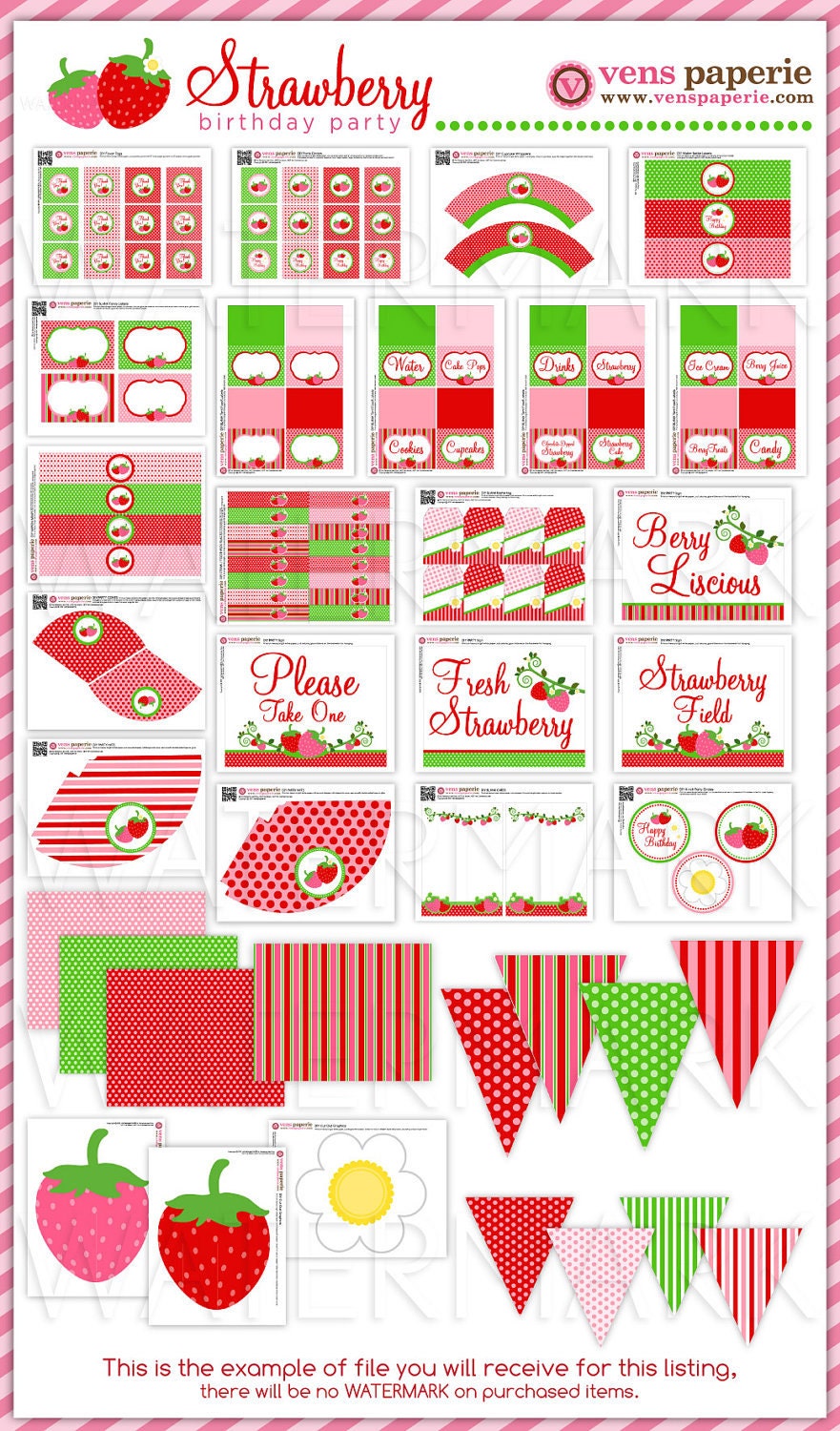 Special Price - Red Pink Berry Strawberry Birthday Party Package Personalized FULL Collection Set - PRINTABLE DIY - PS803CA1x