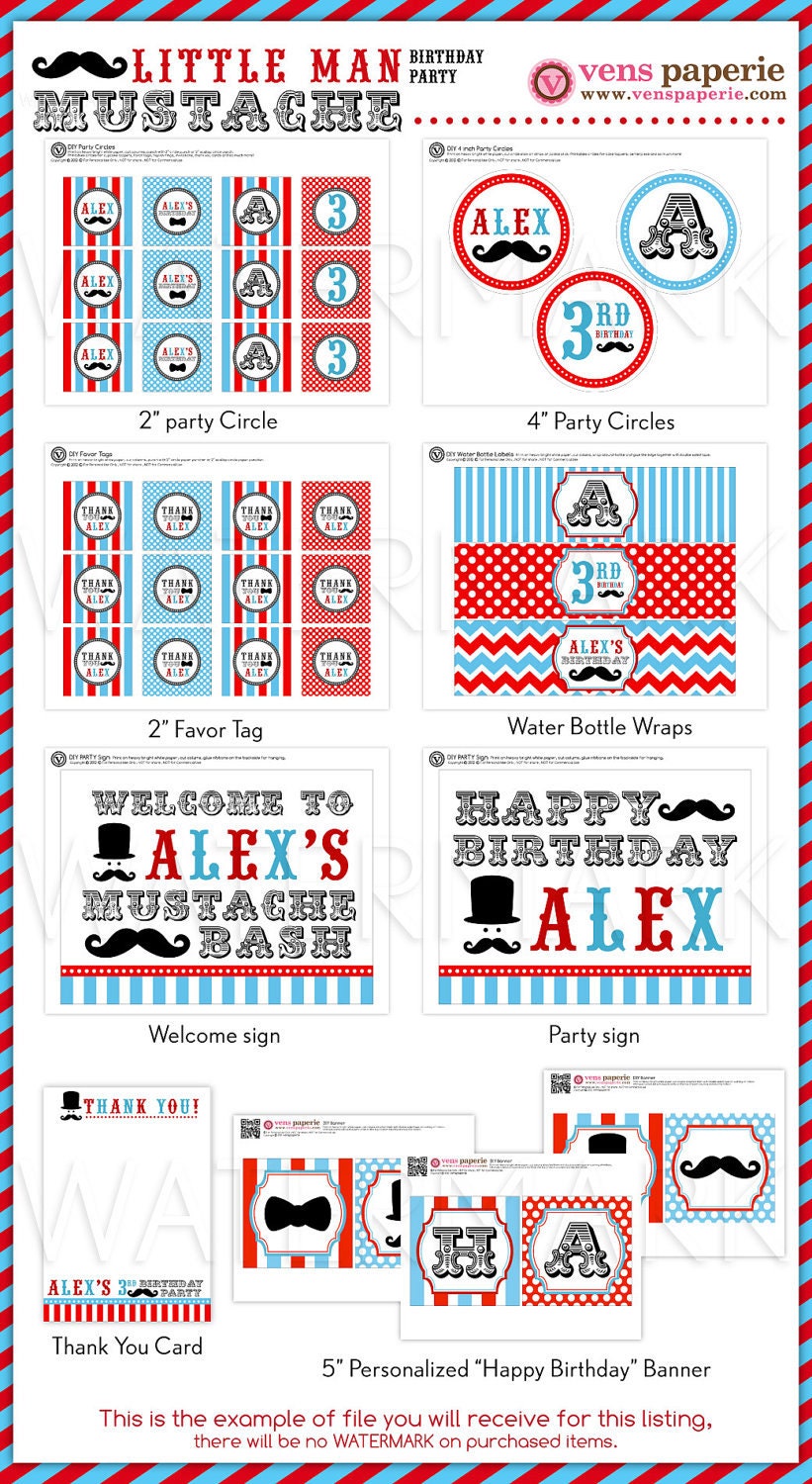 Little Man Mustache Birthday Party Package Personalized FULL Collection Set - PRINTABLE DIY - PS829CA1x