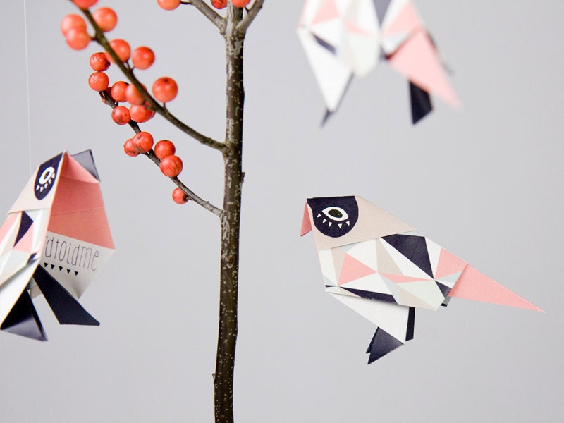 Pack of three origami Birds with pattern print, packed, Rose, Blue, Beige