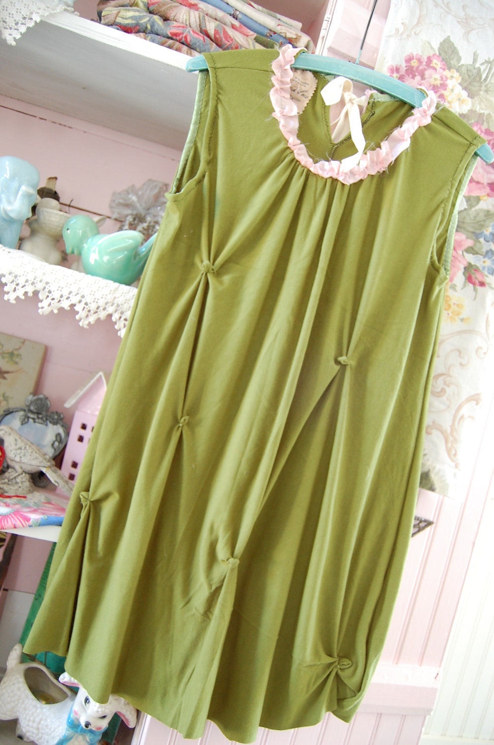 SALE UpcycledClothing Jersey Cotton Tank Dress Moss Olive Green Pink Silk Ruffles Gypsy Gathers Stretch Shabby Girl Handmade