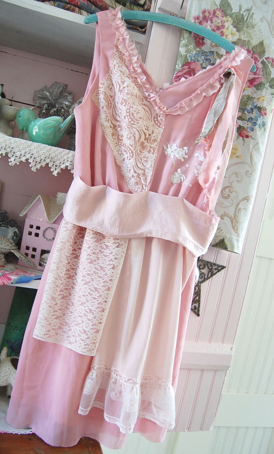 Upcycled Clothing Pink Silk DressBridesmaid Womens Wedding Attire Shabby Chic Of Linen and Lace Coral Pinks Bohemian