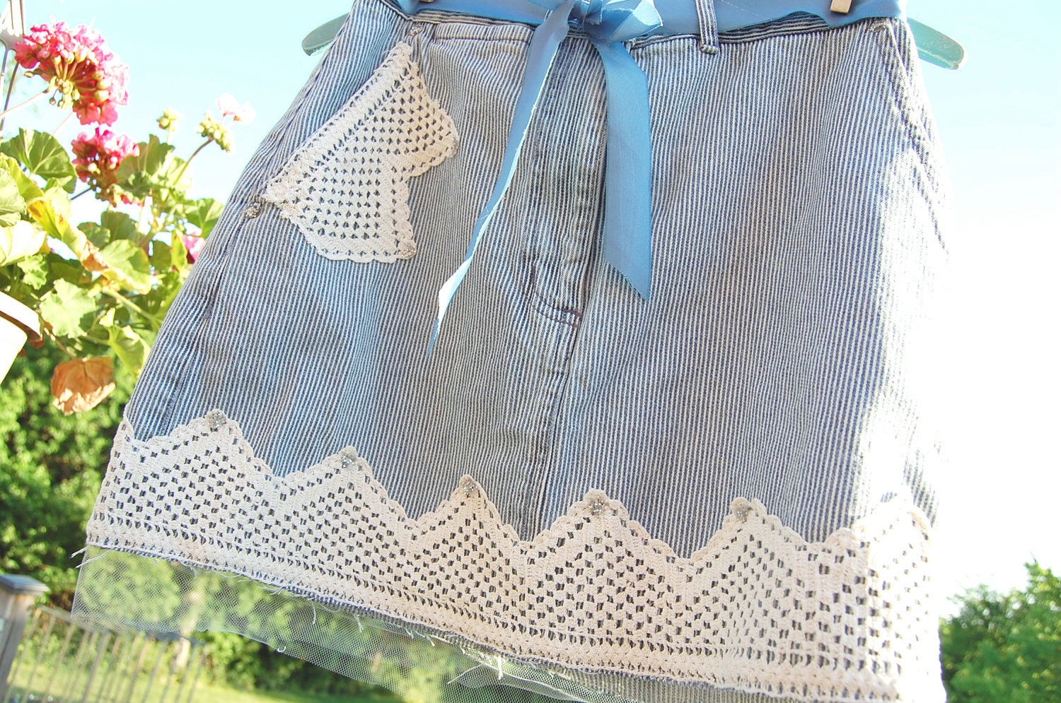 SALEUpcycled ClothingDenim Skirt Repurposed Vintage Crochet Lace Cowgirl Skirt Prairie Farmgirl Boho Steampunk Goth