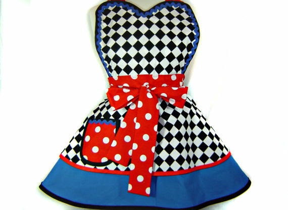 Alice In Wonderland Harlequin Red White Polka Dots Diner Apron - Ready To Ship