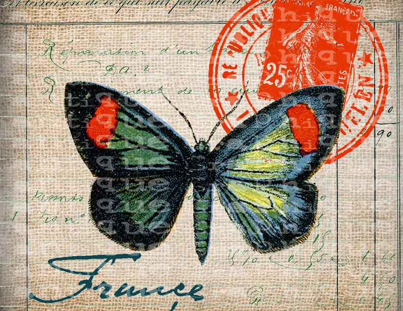 Antique French Butterfly Postmarks Digital Download for Tea Towels, Papercrafts, Transfer, Pillows, etc Burlap No 7225 COLOR