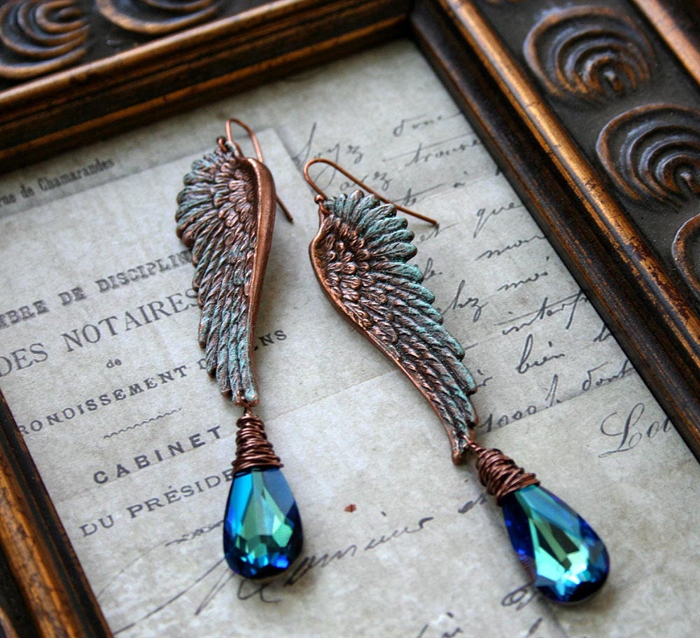 Angel Wing Earrings -OCEAN ANGEL- copper and Swarovski wire wrapped patina angel wing earrings