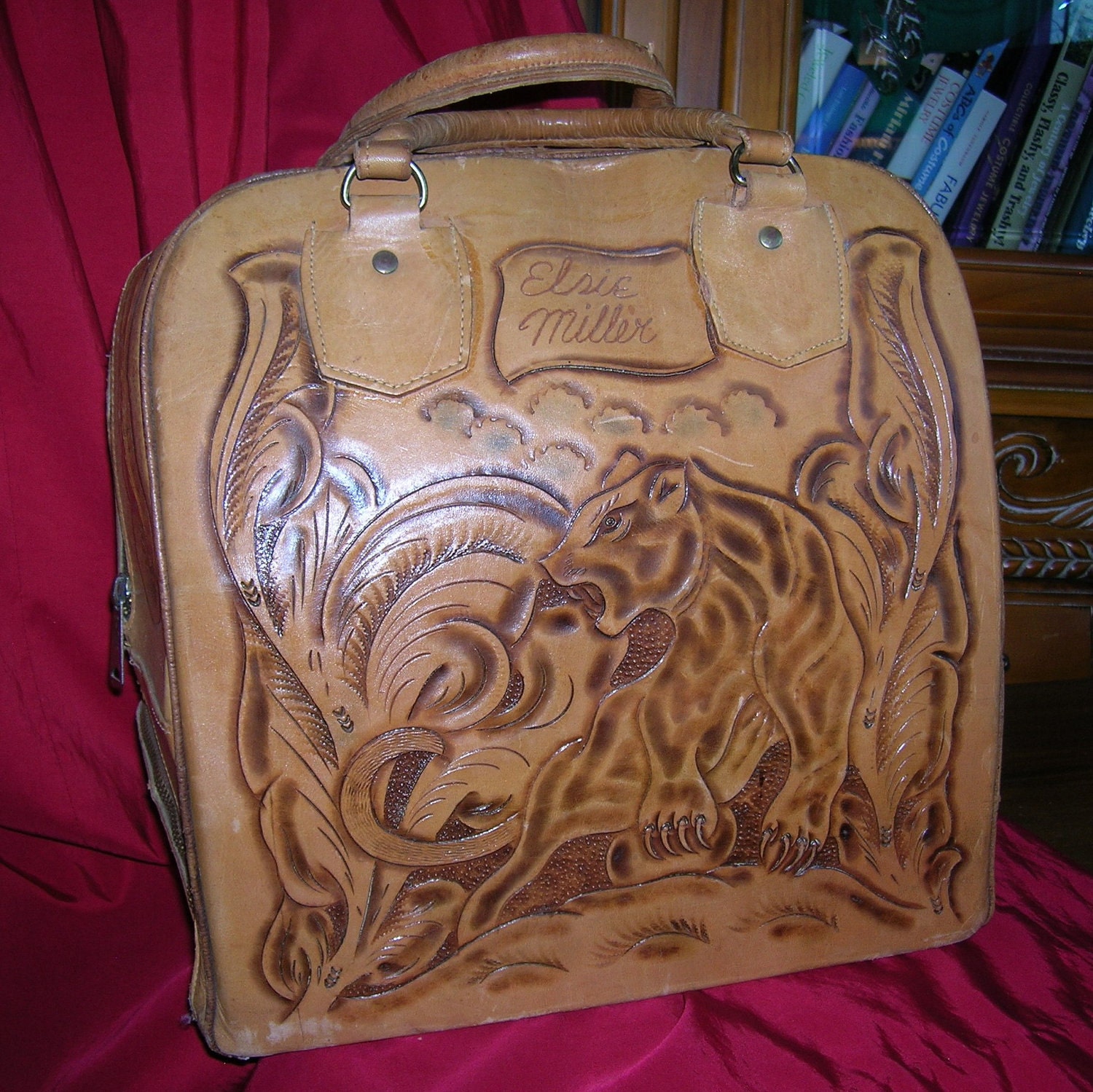 Vintage 1950's Cougar Bowling Bag Tooled Leather Cowgirl / Floral Design Luggage Tote Briefcase Brown & Red