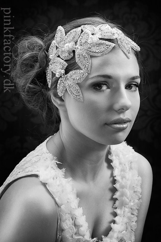 My Devine Cordelia statement hair piece - extraordinary fascinator with rhinestone leaves and pearls